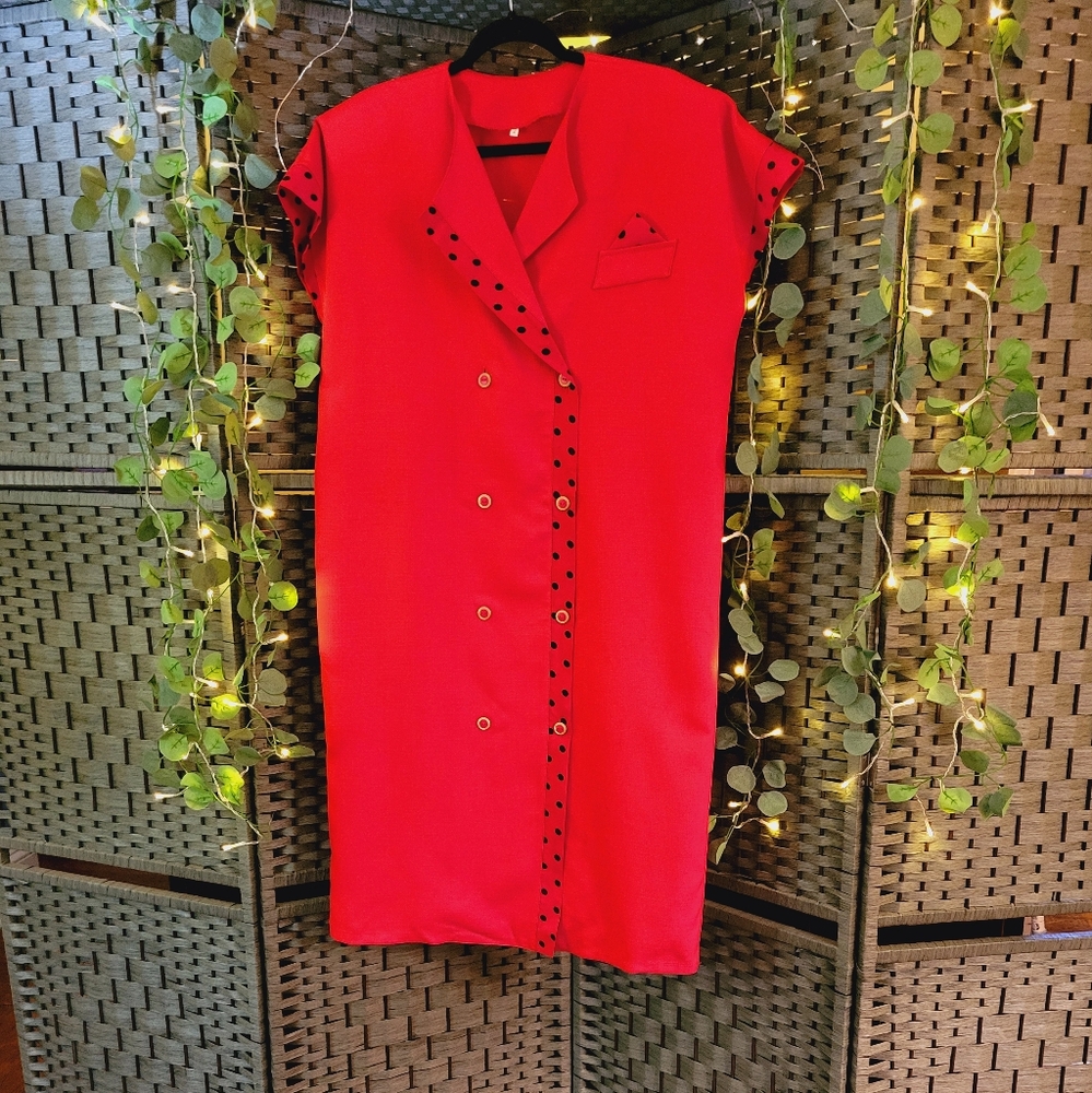 Red Linen dress with black polka dot accents size 16/18